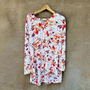 Terra And Sky Pink White Color Splatter  3/4 Sleeves Tunic Top Blouse 2X V Neck